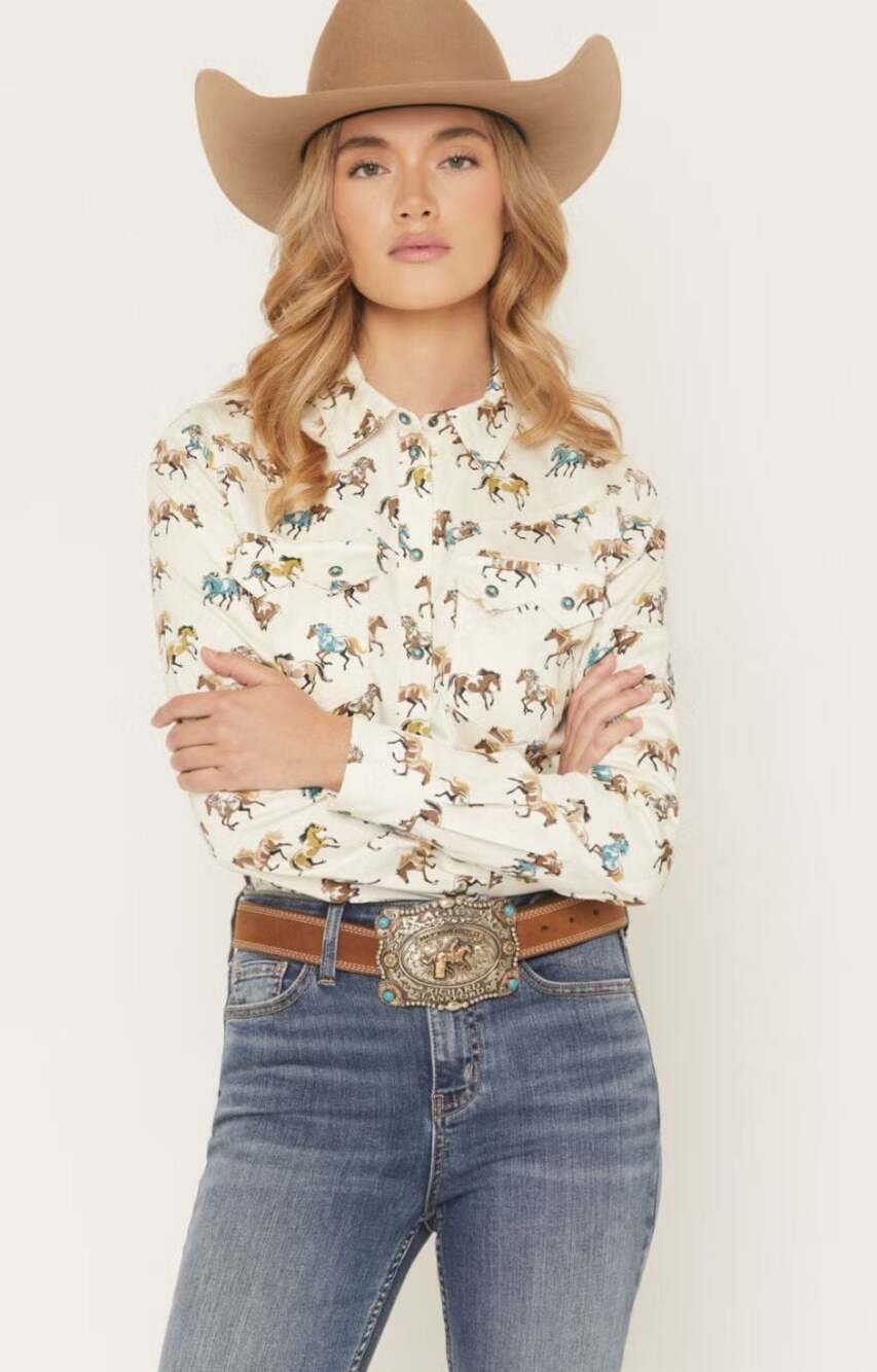 Shyanne XS Women's Horse Print Long Sleeve Snap Western Shirt